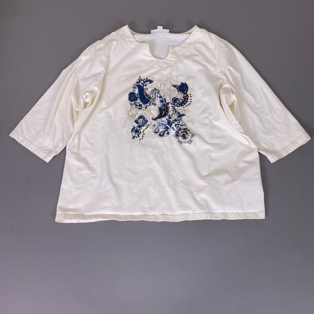 Breckenridge T-Shirt Woman 2X Ivory Paisley 3/4 Sleeve Studded Split Neck *Stain